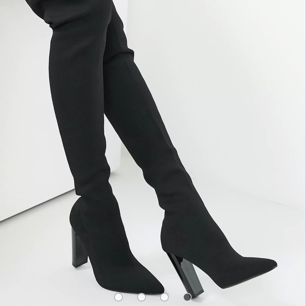 ASOS DESIGN Kudos knitted block heel thigh-high boots in black